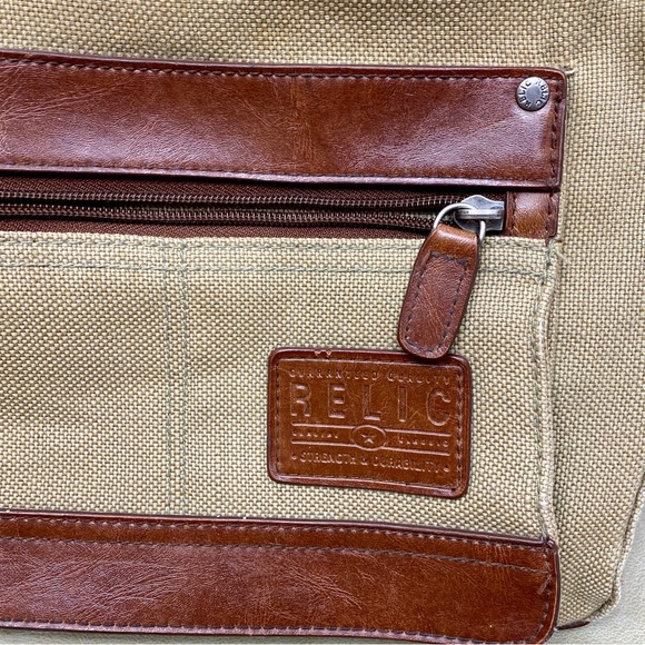 Relic By Fossil Tan Burlap Brown Leather Shoulder Bag Purse Canvas Handbag Tote - Picture 3 of 15